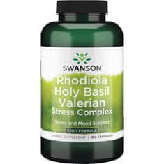 Swanson Full Spectrum Rhodiola Holy Basil Valerian Stres Complex (Rhodiola, Bazalka indická, Kozlík lékařský), 180 kapslí