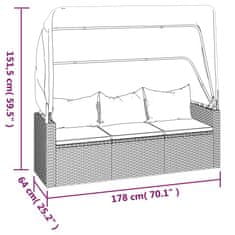 Vidaxl 3místná zahradní pohovka se stříškou a podnožka černá polyratan