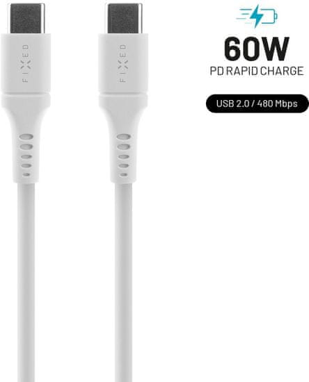 FIXED nabíjecí a datový kabel Liquid silicone USB-C - USB-C,USB 2.0, PD 60W, 0.5m, bílá