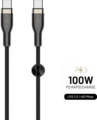 FIXED nabíjecí a datový kabel USB-C - USB-C,USB 2.0, PD 100W, opletený, 1.2m, černá