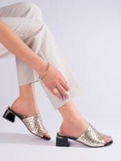 Amiatex Stylové nazouváky zlaté dámské na širokém podpatku + Ponožky Gatta Calzino Strech, odstíny žluté a zlaté, 37