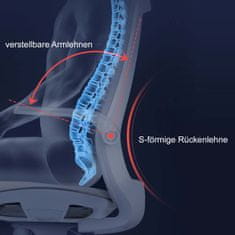 MCW Kancelářská židle J91, kancelářská židle, ergonomické opěradlo ve tvaru S, bederní opěrka, sklopné područky ~ šedá