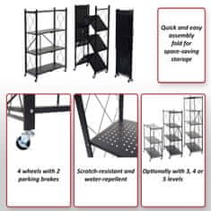 MCW Police J85, stojící police, police do obývacího pokoje, skládací/rozkládací ocel ~ černá, 4 úrovně