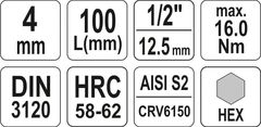 YATO Nástavec prodloužený 1/2" bit Imbus H4