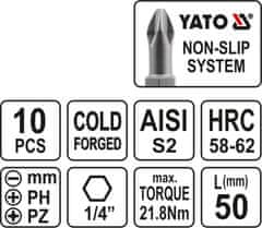 YATO Sada bitů 1/4" 50 mm NON-SLIP 10 ks