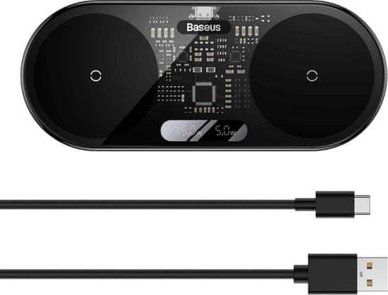 Noname Baseus Wireless Charger Digital LED Display, Dual charging platform, with Type-C cable, 20W Black (WXSX010101)