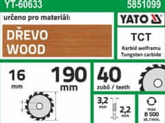 YATO Kotouč na dřevo 190 x 16 mm 40z
