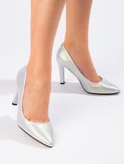Amiatex Designové lodičky stříbrné dámské na širokém podpatku + Ponožky Gatta Calzino Strech, Srebrny, 36