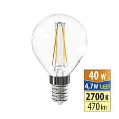 LED žárovka kapka 4,7W, E14, 2700K, CRI80, vyz. úhel 320°, ɸ use 360° 470lm