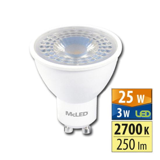 McLED LED žárovka GU10, 3W, 2700K, CRI80, vyz. úhel 38°, ф use 360° 250lm