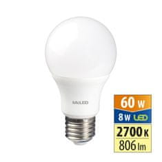 McLED LED žárovka 8W, E27, 2700K, CRI80, vyz. úhel 200°, ɸ use 360° 806lm