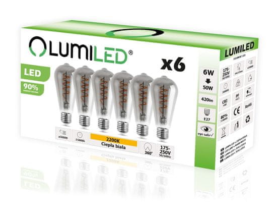 LUMILED 6x LED žárovka smoky E27 ST64 EDISON 6W = 50W 420lm 2200K Teplá bílá 360°