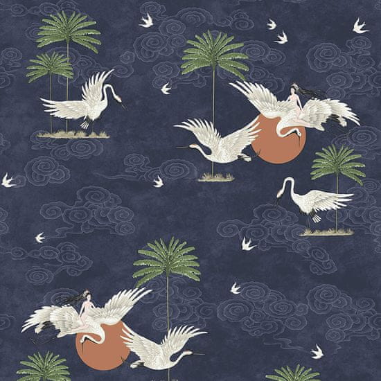 Modrá romantická vliesová tapeta na zeď, ptáci, palmy 6501-1, Batabasta, 0,53 x 10,05 m