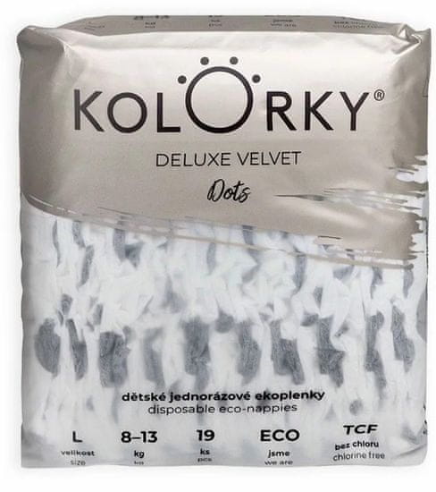 KOLORKY KOLORKY DELUXE VELVET DOTS - L (8-13 kg) - 19 ks - jednorázové eko plenky se sametovým povrchem