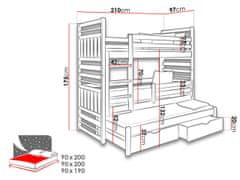 Veneti Dětská patrová postel s přistýlkou 90x200 LOHRA - grafitová / šedá, pravé provedení