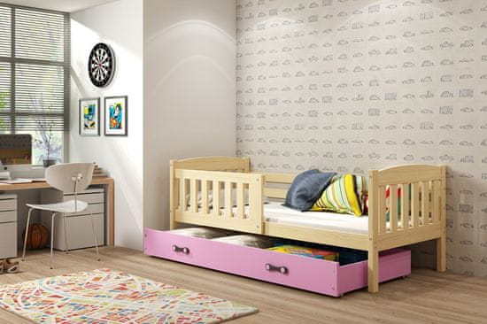 Veneti Dětská postel s úložným prostorem s matrací 80x190 BRIGID - borovice / růžová