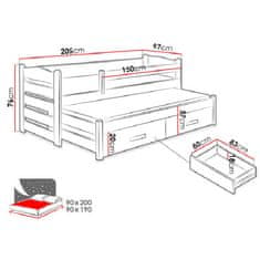 Veneti Dětská postel s přistýlkou a zábranou 90x200 WETTIN 2 - bílá / dub artisan