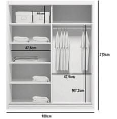 Veneti Prostorná zrcadlová šatní skříň JACOBO, šířka 100 cm, výška 215 cm