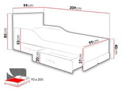 Veneti Postel pro děti se šuplíky 90x200 CLINGEN - bílá / buk