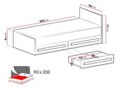 Veneti Jednolůžková postel 90x200 TUCHIN - bílá / lesklá bílá / šedá