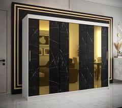 Veneti Designová šatní skříň se zlatým zrcadlem MADLA 4 - šířka 250 cm, bílá / černá