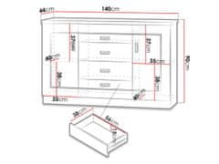 Veneti Kombinovaná komoda MERLO - šířka 140 cm, dub