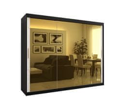 Veneti Designová šatní skříň se zlatým zrcadlem MADLA 3 - šířka 250 cm, černá / bílá