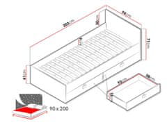 Veneti Jednolůžková postel do studentského pokoje 90x200 BASHIRA - dub / bílá