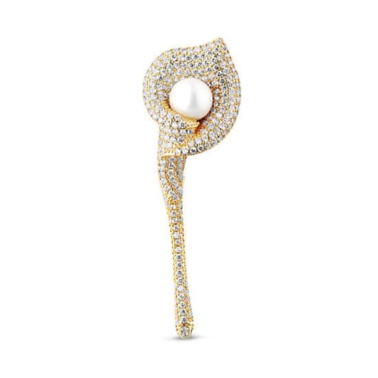 JwL Luxury Pearls Třpytivá pozlacená brož 2v1 Květina Kala JL0815