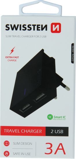 SWISSTEN síťový adaptér smart ic 2x usb 3a power černý