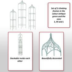 MCW Sada 3 mřížových podpěr H90, mřížová podpěra pro růže, kovová výška 162/140/114 cm, kulatá, starozelená barva