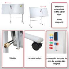 MCW Tabule C85b, s výsuvnou tabulí magnetická tabule tabule na poznámky, pojízdná na kolečkách včetně příslušenství, 167x186cm