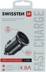 SWISSTEN cl adaptér 2x usb 4,8a metal stříbrný