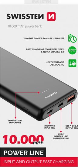 SWISSTEN power line power bank 10000 mah 20w power delivery black