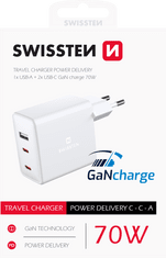 SWISSTEN síťový adaptér gan 2x usb-c + 1x usb 70w