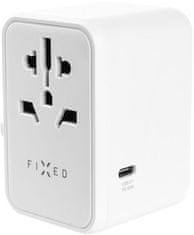 FIXED cestovní adaptér pro EU, UK a USA/AUS, 3xUSB-C, 2xUSB-A, GaN, PD 65W, bílá