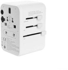 FIXED cestovní adaptér pro EU, UK a USA/AUS, 3xUSB-C, 2xUSB-A, GaN, PD 65W, bílá