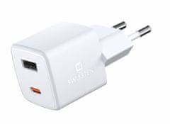 SWISSTEN síťový adaptér GaN, USB-A, USB-C, PD, QC, 30W, bílá