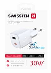 SWISSTEN síťový adaptér GaN, USB-A, USB-C, PD, QC, 30W, bílá