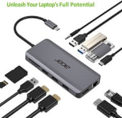 Acer dokovací stanice USB-C 12v1, 2 x USB3.2, 2 x USB2.0, SD/TF, 2 x HDMI, DP, RJ45, jack, PD 60W