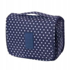 Kosmetický cestovní kufřík na kosmetiku s háčkem, skládací tmavě modrá bílé tečky