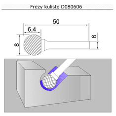 Sherman Fréza kulová se stopkou 8x6,4x50x6 D080606 tvrdokovová 