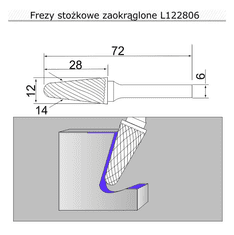 Sherman Fréza kuželová zaoblená se stopkou 12x28x72x6 L122806 tvrdokovová