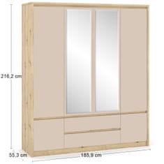 nabbi Čtyřdveřová šatní skříň se zrcadlem Daicos W-4D2DRWS - dub artisan / champagne