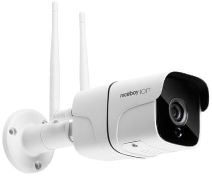 Inteligentní vemkovní bezpečnostní kamera Niceboy ION Outdoor Security Camera FullHD+ rozlišení výkonná kamera detekce pohybu rotace noční vidění výkonná venkovní kamera oboustranná komunikace rychlá wifi připojení vysoké rozlišení výkonná kamera smart WiFi připojení noční vidění paměťová kartabezpečná domácnost domácí kamera široký záběr Wi-Fi mobilní aplikace doprovodná mobilní aplikace Google Assintant ovládání hlasem voděodolnost a prachuvzornost s krytím IP66