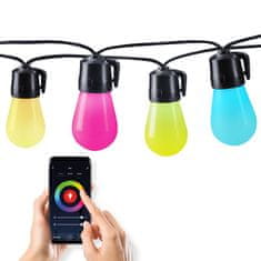 Solight LED smart venkovní řetěz s RGB žárovkami, bluetooth, 15 žárovek, 14m+6m, 10W, WO795