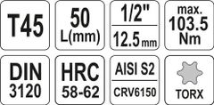 YATO Hlavice s bitem TORX 1/2" T45 YATO - YT-04315
