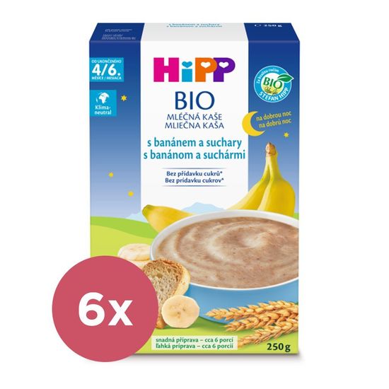 HiPP 6x BIO Kaše mléčná na dobrou noc s banánem a suchary od uk. 4.-6. měsíce, 250g