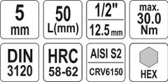 YATO Hlavice s bitem HEX 1/2" H5 Yato - YT-04381