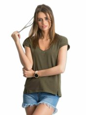 BASIC FEEL GOOD Bavlněné tričko s khaki v-neck, velikost xs